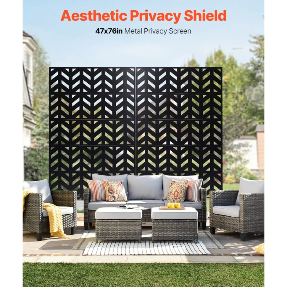 VEVOR Metal Privacy Screen, 47" W x 72" H, Outdoor Privacy Screens 5-Panel, Freestanding Outdoor Divider with Stand, Decorative Garden Steel Privacy Fence for Balcony Patio Indoor Room Black