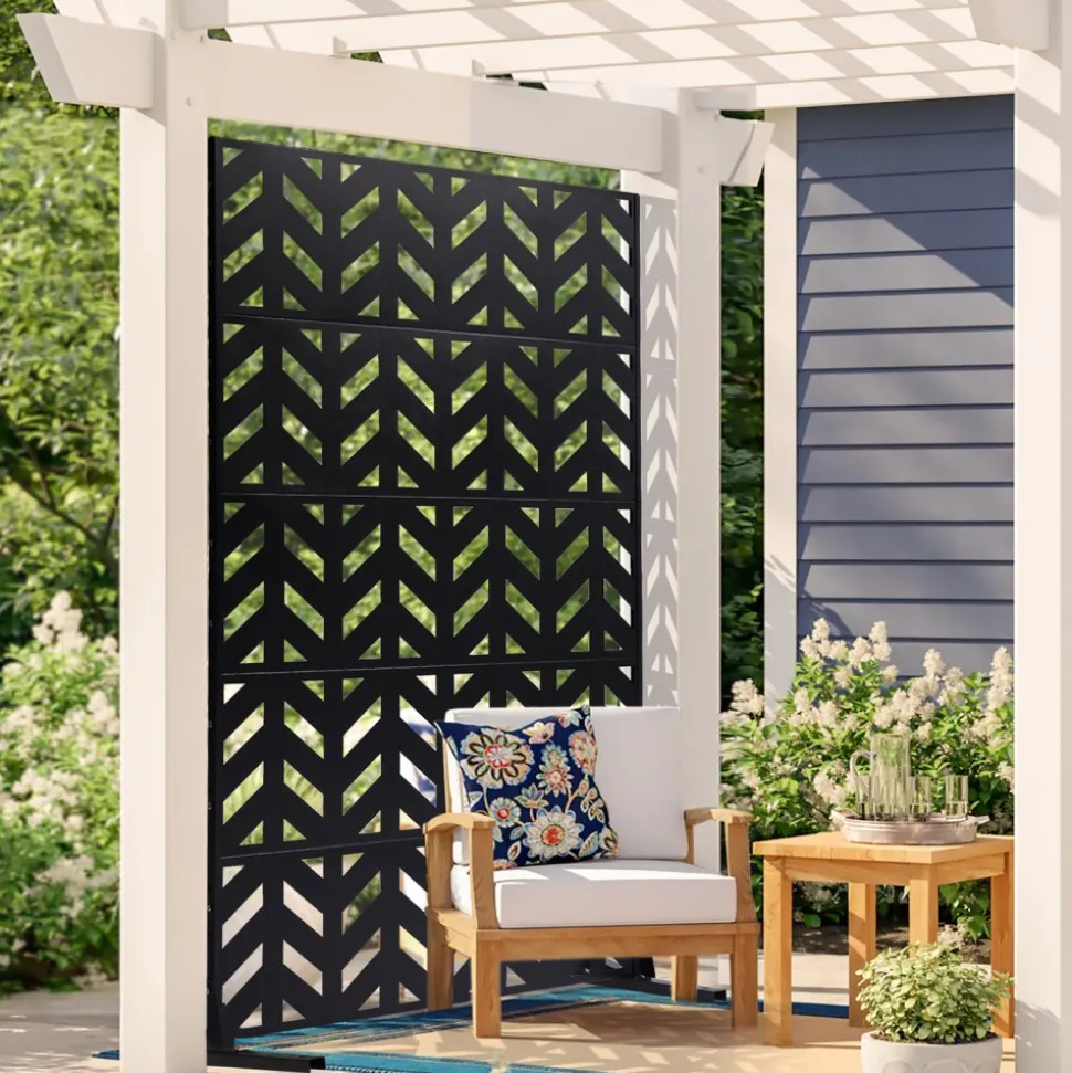 VEVOR Metal Privacy Screen, 47" W x 72" H, Outdoor Privacy Screens 5-Panel, Freestanding Outdoor Divider with Stand, Decorative Garden Steel Privacy Fence for Balcony Patio Indoor Room Black