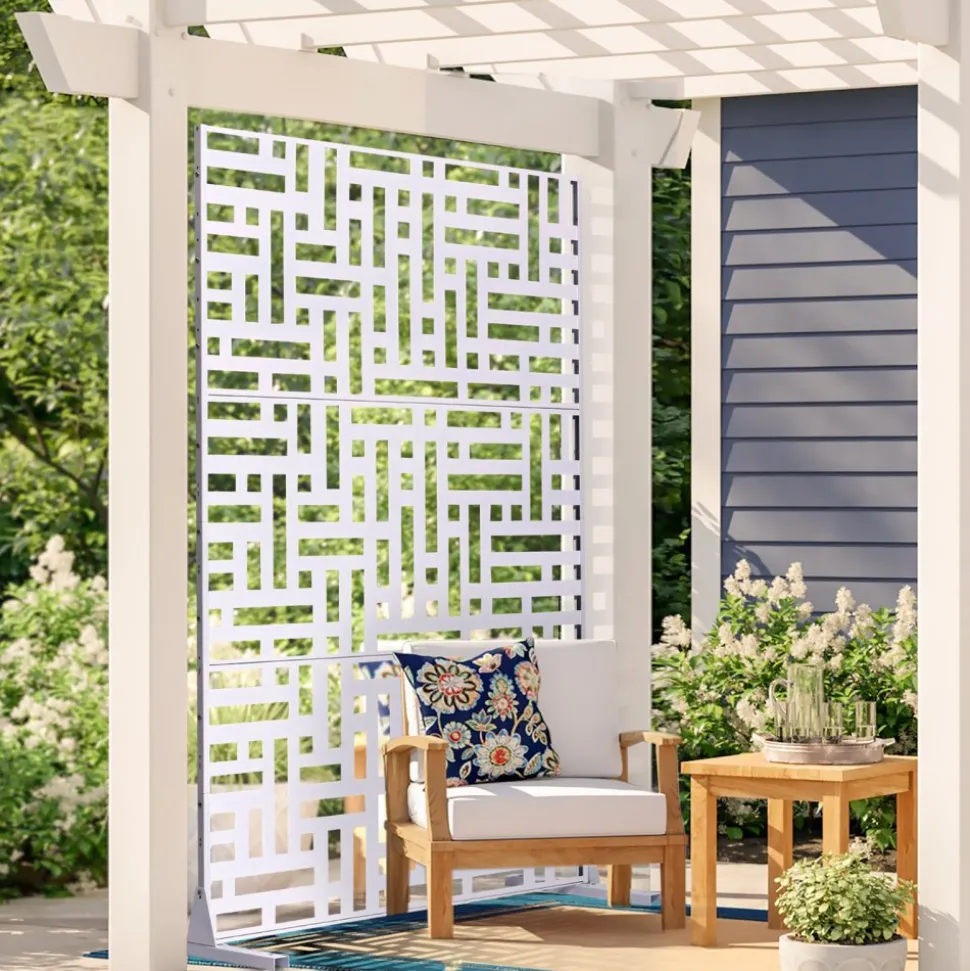VEVOR Metal Privacy Screen, 47" W x 76" H Outdoor Privacy Screens 3-Panel, Freestanding Outdoor Divider with Stand, Decorative Garden Steel Privacy Fence for Balcony Patio Indoor Room Hot Tub White