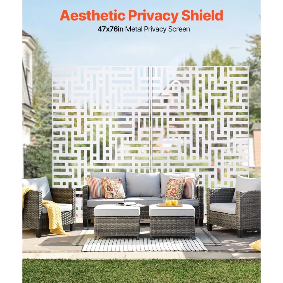 VEVOR Metal Privacy Screen, 47" W x 76" H Outdoor Privacy Screens 3-Panel, Freestanding Outdoor Divider with Stand, Decorative Garden Steel Privacy Fence for Balcony Patio Indoor Room Hot Tub White