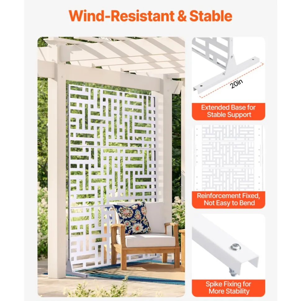 VEVOR Metal Privacy Screen, 47" W x 76" H Outdoor Privacy Screens 3-Panel, Freestanding Outdoor Divider with Stand, Decorative Garden Steel Privacy Fence for Balcony Patio Indoor Room Hot Tub White