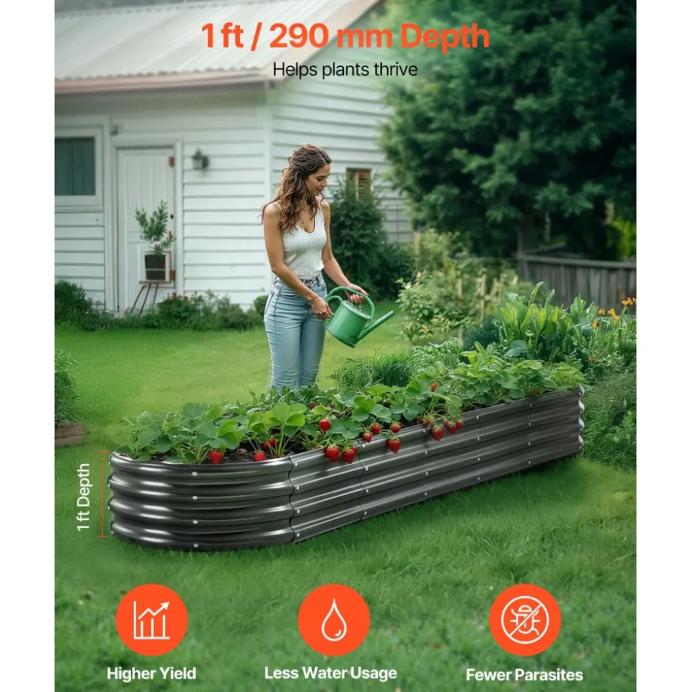 VEVOR Metal Raised Garden Bed, 8 x 2 x 1 ft Oval Outdoor Galvanized Planter Garden Box, Open Bottom Design, Large Planter Raised Bed for Growing Vegetables, Flowers, Herbs, and Succulents, Dark Gray