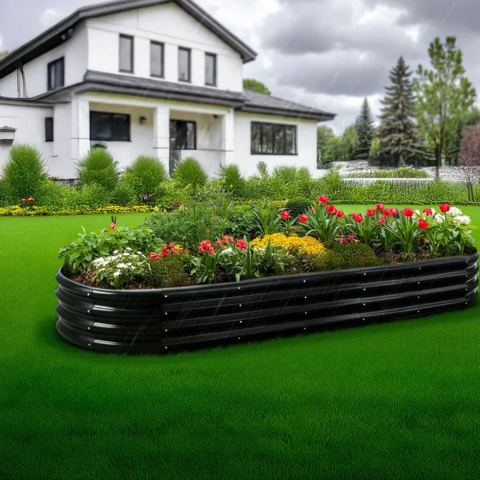 VEVOR Metal Raised Garden Bed, 8 x 2 x 1 ft Oval Outdoor Galvanized Planter Garden Box, Open Bottom Design, Large Planter Raised Bed for Growing Vegetables, Flowers, Herbs, and Succulents, Dark Gray