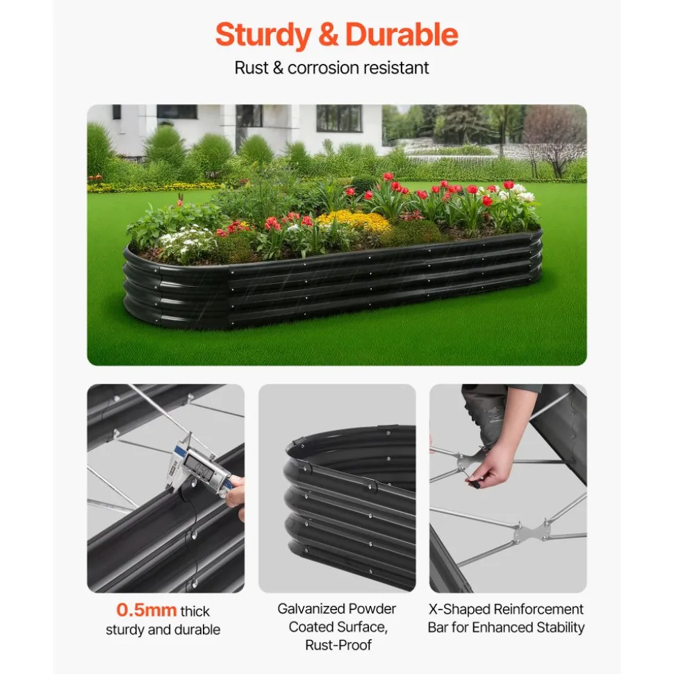 VEVOR Metal Raised Garden Bed, 8 x 2 x 1 ft Oval Outdoor Galvanized Planter Garden Box, Open Bottom Design, Large Planter Raised Bed for Growing Vegetables, Flowers, Herbs, and Succulents, Dark Gray
