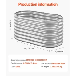 VEVOR Metal Raised Garden Bed, 4 x 2 x 2 ft Oval Outdoor Galvanized Planter Garden Box, Open Bottom Design, Large Planter Raised Bed for Growing Vegetables, Flowers, and Succulents, Galvanized Color