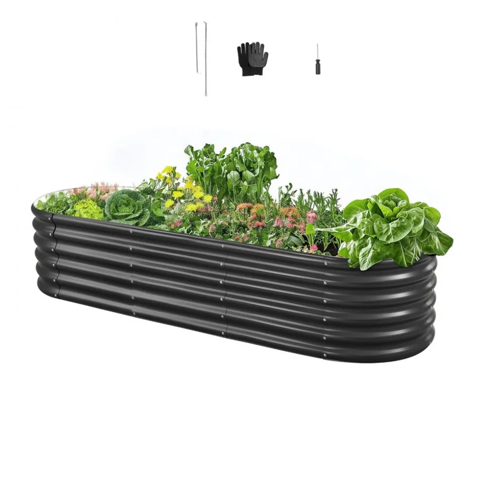 VEVOR Metal Raised Garden Bed, 6.56 x 1.97 x 1.4 ft Oval Outdoor Galvalume Planter Garden Box, Open Bottom Design, Large Planter Raised Bed for Growing Vegetables, Flowers, Succulents, Dark Gray