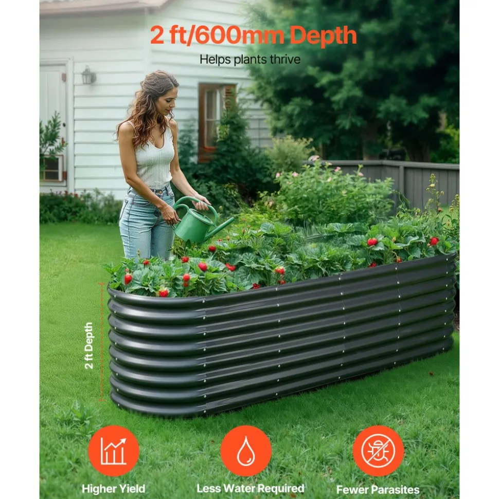 VEVOR Metal Raised Garden Bed, 8 x 2 x 2 ft Oval Outdoor Galvanized Planter Garden Box, Open Bottom Design, Large Planter Raised Bed for Growing Vegetables, Flowers, Herbs, and Succulents, Dark Gray