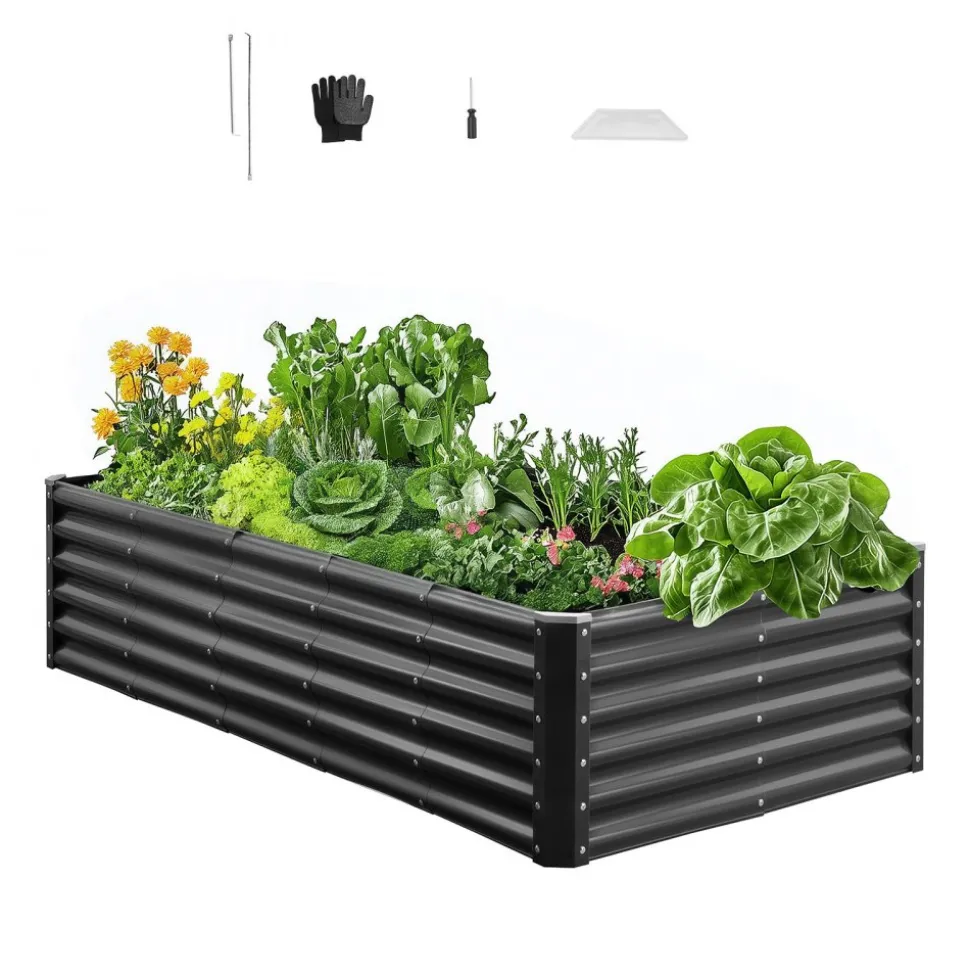 VEVOR Metal Raised Garden Bed, 8 x 4 x 1 ft Outdoor Galvalume Planter Garden Box, Open Bottom Design, Large Planter Raised Bed for Growing Vegetables, Flowers, Herbs, and Succulents, Dark Gray