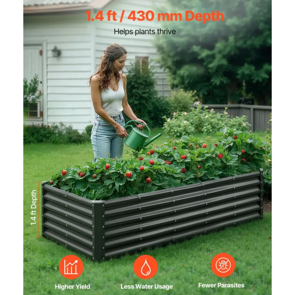 VEVOR Metal Raised Garden Bed, 8 x 4 x 1 ft Outdoor Galvalume Planter Garden Box, Open Bottom Design, Large Planter Raised Bed for Growing Vegetables, Flowers, Herbs, and Succulents, Dark Gray