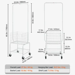 VEVOR Metal Rolling Laundry Basket with Hanging Garment Rack, Height Adjustment Laundry Hamper Cart with Basket Load and Shelf Load, Storage Organizer with Heavy Duty Lockable Wheels