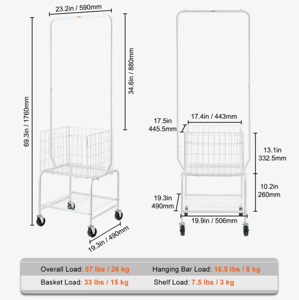 VEVOR Metal Rolling Laundry Basket with Hanging Garment Rack, Height Adjustment Laundry Hamper Cart with Basket Load and Shelf Load, Storage Organizer with Heavy Duty Lockable Wheels