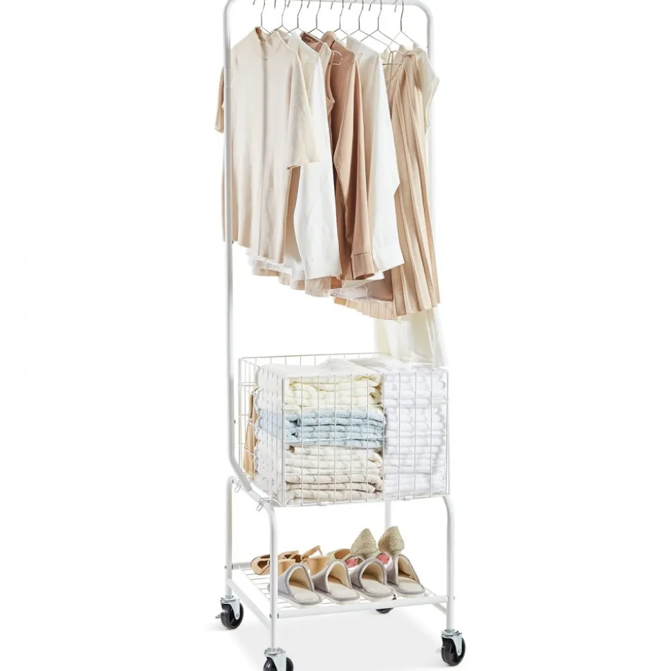 VEVOR Metal Rolling Laundry Basket with Hanging Garment Rack, Height Adjustment Laundry Hamper Cart with Basket Load and Shelf Load, Storage Organizer with Heavy Duty Lockable Wheels