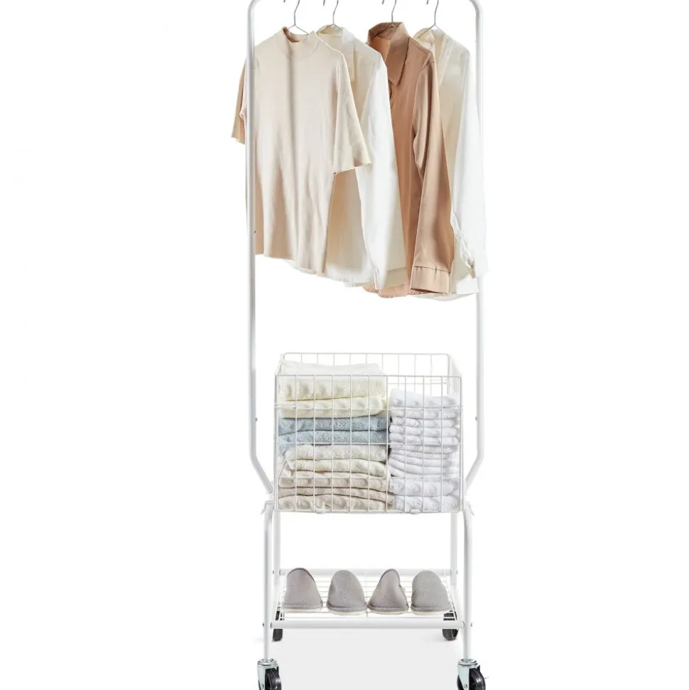 VEVOR Metal Rolling Laundry Basket with Hanging Garment Rack, Height Adjustment Laundry Hamper Cart with Basket Load and Shelf Load, Storage Organizer with Heavy Duty Lockable Wheels
