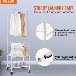 VEVOR Metal Rolling Laundry Basket with Hanging Garment Rack, Height Adjustment Laundry Hamper Cart with Basket Load and Shelf Load, Storage Organizer with Heavy Duty Lockable Wheels