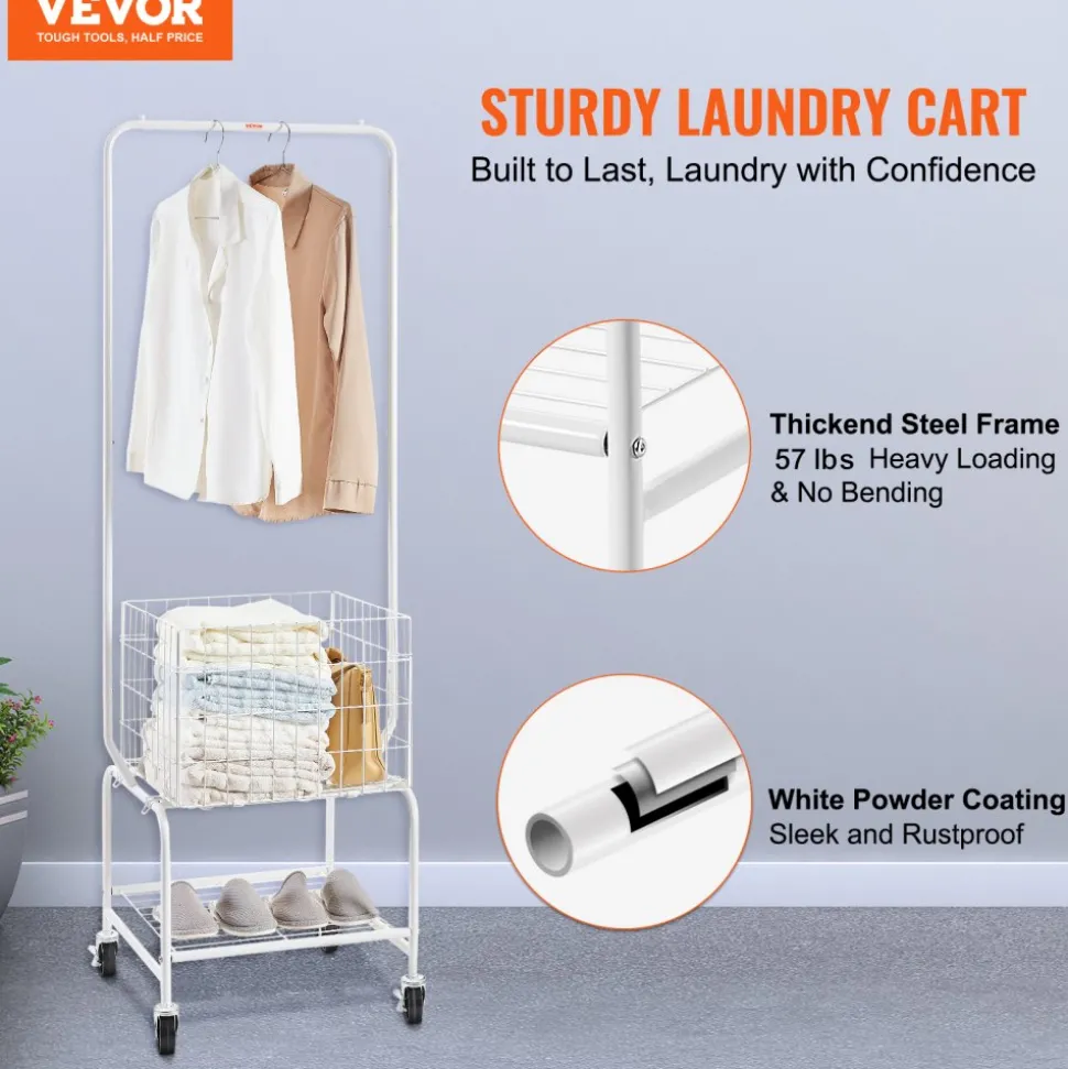 VEVOR Metal Rolling Laundry Basket with Hanging Garment Rack, Height Adjustment Laundry Hamper Cart with Basket Load and Shelf Load, Storage Organizer with Heavy Duty Lockable Wheels