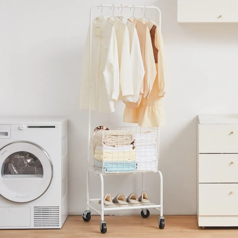 VEVOR Metal Rolling Laundry Basket with Hanging Garment Rack, Height Adjustment Laundry Hamper Cart with Basket Load and Shelf Load, Storage Organizer with Heavy Duty Lockable Wheels