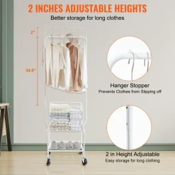 VEVOR Metal Rolling Laundry Basket with Hanging Garment Rack, Height Adjustment Laundry Hamper Cart with Basket Load and Shelf Load, Storage Organizer with Heavy Duty Lockable Wheels