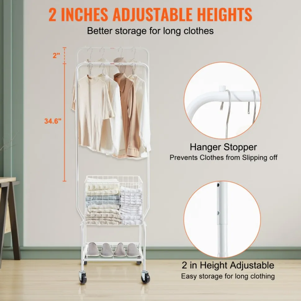 VEVOR Metal Rolling Laundry Basket with Hanging Garment Rack, Height Adjustment Laundry Hamper Cart with Basket Load and Shelf Load, Storage Organizer with Heavy Duty Lockable Wheels