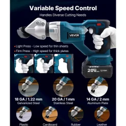 VEVOR Metal Shear, Cordless Sheet Metal Cutter with 360-Degree Pivoting Head, Double Blades, 110VAC 20VDC, Cuts 18 GA Galvanized Steel, 20 GA Stainless Steel, Aluminum, Plastic, Cardboard, 2800SPM