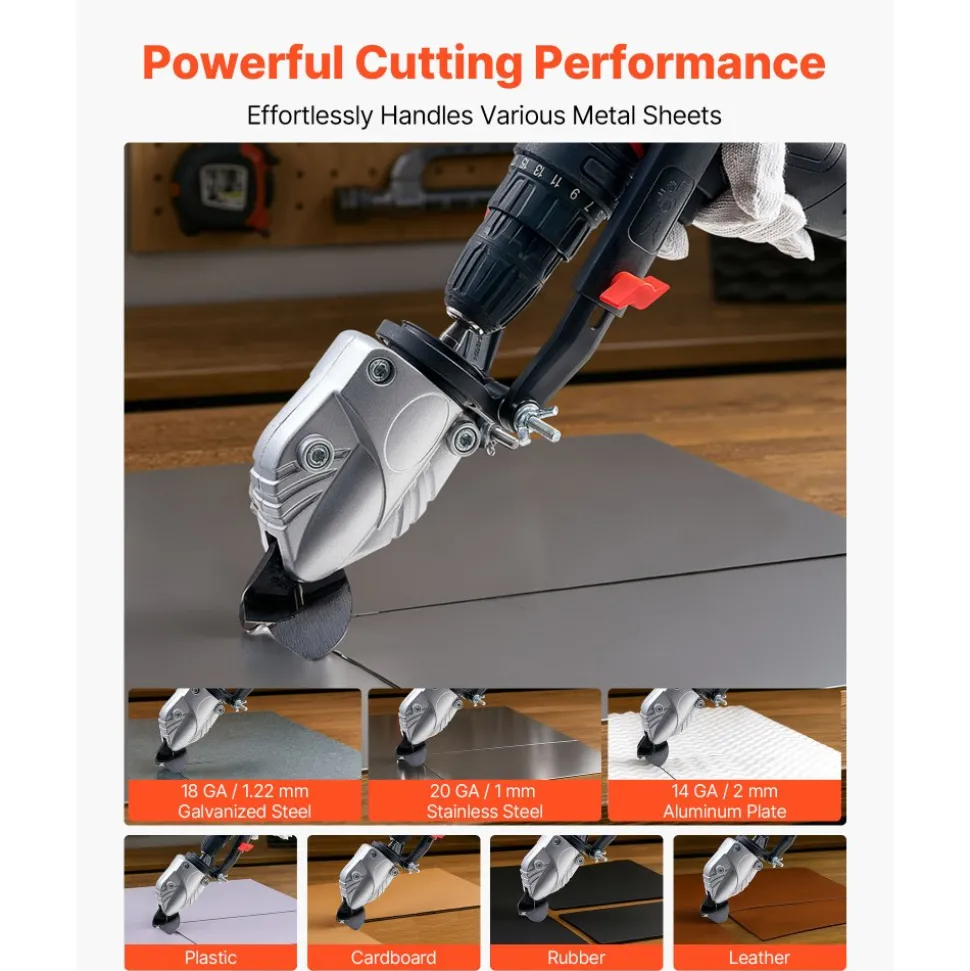 VEVOR Metal Shear/Cutter Drill Attachment, Sheet Metal Cutter with 360-Degree Pivoting Head, Sharp Blades,Ideal for 18 GA Galvanized Steel, 20 GA Stainless Steel, Aluminum Plate, Plastic, Cardboard