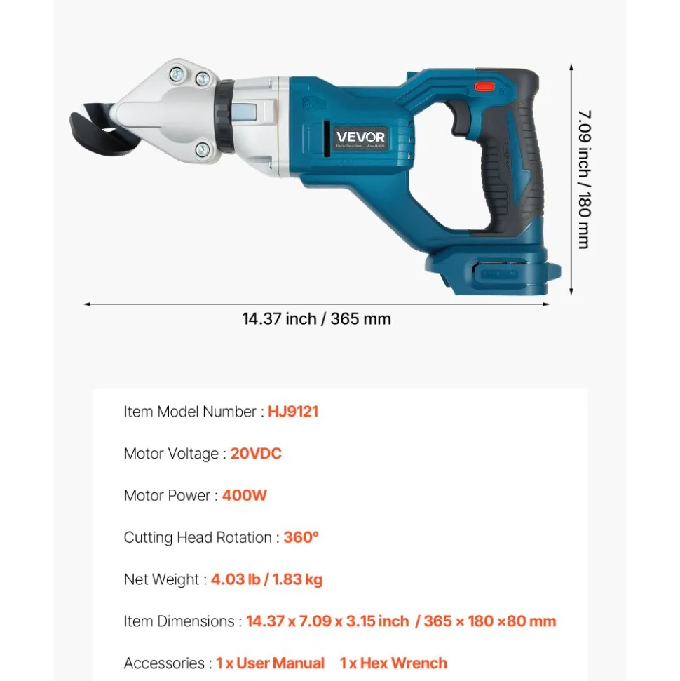 VEVOR Metal Shear, Sheet Metal Cutter Cordless with 360-Degree Pivoting Head, Double Blades, 25000 RPM Speed, Cuts 18 GA Galvanized Steel, 20 GA Stainless Steel, Aluminum Plate, Plastic, Cardboard