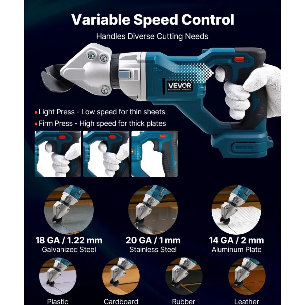 VEVOR Metal Shear, Sheet Metal Cutter Cordless with 360-Degree Pivoting Head, Double Blades, 25000 RPM Speed, Cuts 18 GA Galvanized Steel, 20 GA Stainless Steel, Aluminum Plate, Plastic, Cardboard
