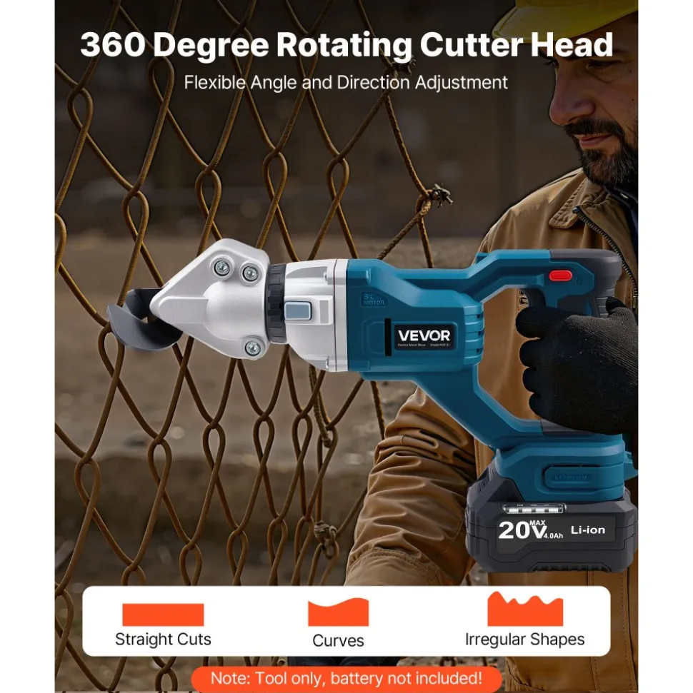 VEVOR Metal Shear, Sheet Metal Cutter Cordless with 360-Degree Pivoting Head, Double Blades, 25000 RPM Speed, Cuts 18 GA Galvanized Steel, 20 GA Stainless Steel, Aluminum Plate, Plastic, Cardboard