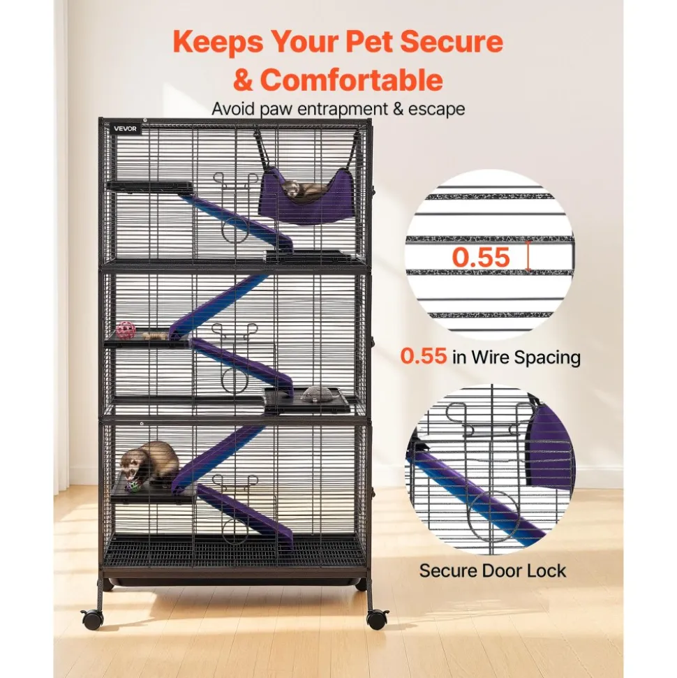 VEVOR Metal Small Animal Cage 44.5"H 4-Tier Rolling Ferret Cage On Wheels, 0.55" Wire Spacing Large Cages with Hammock, Ramps, Tray & Doors for Ferret, Chinchilla, Sugar Glider, Guinea Pig & Rabbit