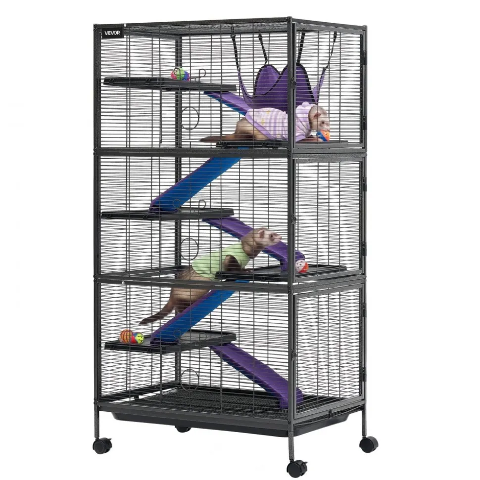 VEVOR Metal Small Animal Cage 44.5"H 4-Tier Rolling Ferret Cage On Wheels, 0.55" Wire Spacing Large Cages with Hammock, Ramps, Tray & Doors for Ferret, Chinchilla, Sugar Glider, Guinea Pig & Rabbit