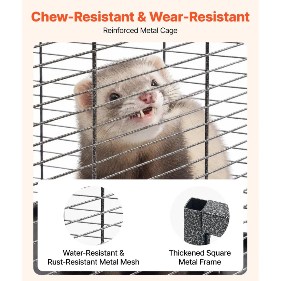 VEVOR Metal Small Animal Cage 44.5"H 4-Tier Rolling Ferret Cage On Wheels, 0.55" Wire Spacing Large Cages with Hammock, Ramps, Tray & Doors for Ferret, Chinchilla, Sugar Glider, Guinea Pig & Rabbit