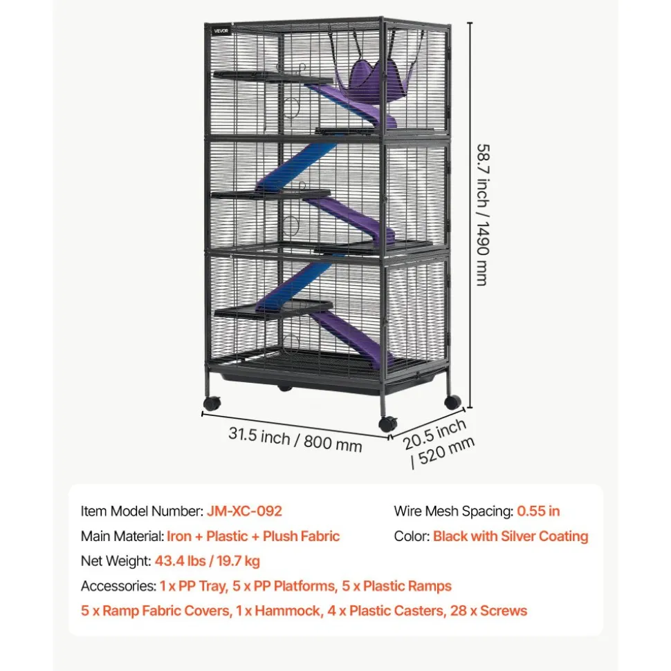 VEVOR Metal Small Animal Cage 44.5"H 4-Tier Rolling Ferret Cage On Wheels, 0.55" Wire Spacing Large Cages with Hammock, Ramps, Tray & Doors for Ferret, Chinchilla, Sugar Glider, Guinea Pig & Rabbit