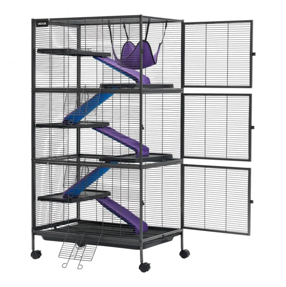 VEVOR Metal Small Animal Cage 44.5"H 4-Tier Rolling Ferret Cage On Wheels, 0.55" Wire Spacing Large Cages with Hammock, Ramps, Tray & Doors for Ferret, Chinchilla, Sugar Glider, Guinea Pig & Rabbit