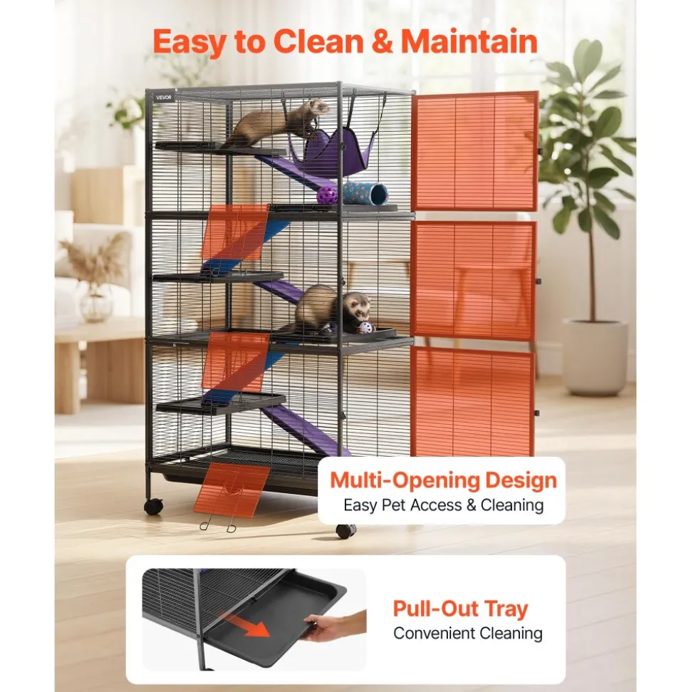 VEVOR Metal Small Animal Cage 44.5"H 4-Tier Rolling Ferret Cage On Wheels, 0.55" Wire Spacing Large Cages with Hammock, Ramps, Tray & Doors for Ferret, Chinchilla, Sugar Glider, Guinea Pig & Rabbit