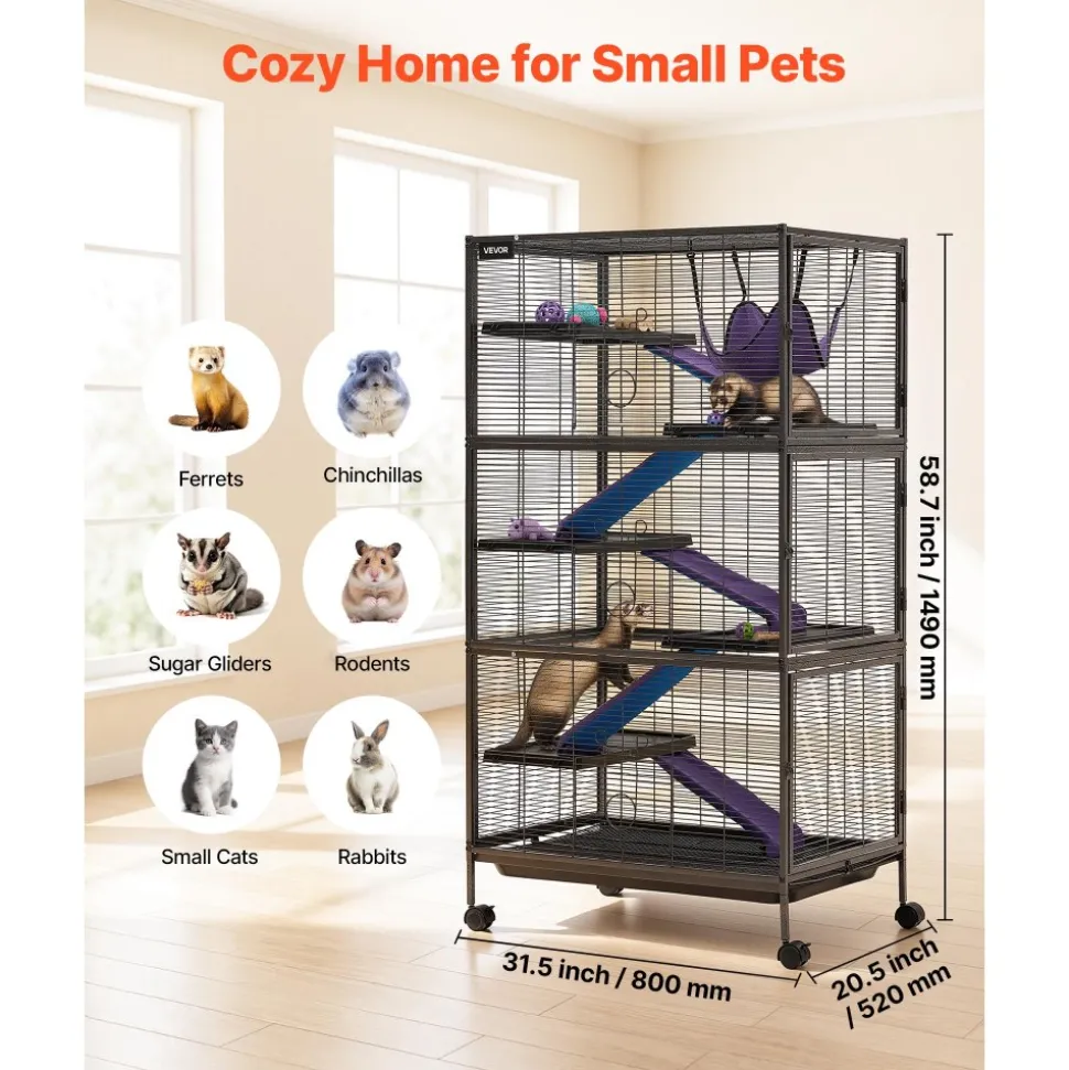 VEVOR Metal Small Animal Cage 44.5"H 4-Tier Rolling Ferret Cage On Wheels, 0.55" Wire Spacing Large Cages with Hammock, Ramps, Tray & Doors for Ferret, Chinchilla, Sugar Glider, Guinea Pig & Rabbit