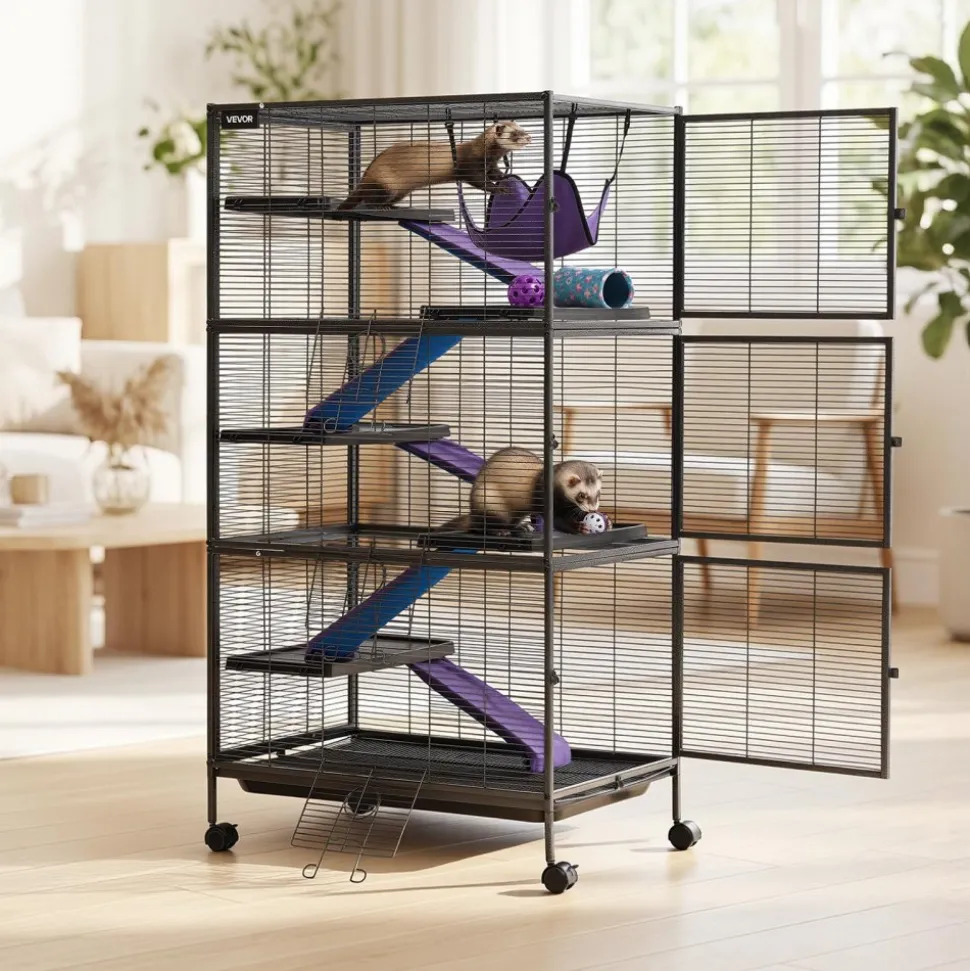 VEVOR Metal Small Animal Cage 44.5"H 4-Tier Rolling Ferret Cage On Wheels, 0.55" Wire Spacing Large Cages with Hammock, Ramps, Tray & Doors for Ferret, Chinchilla, Sugar Glider, Guinea Pig & Rabbit