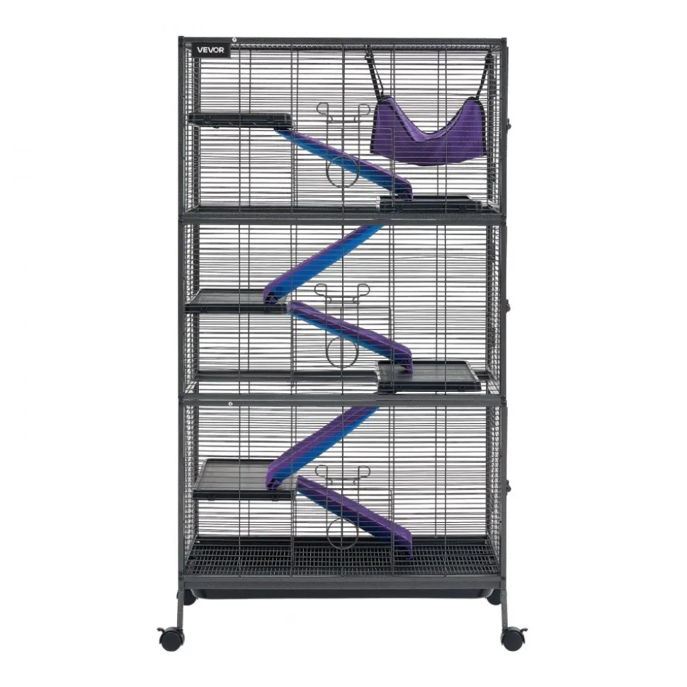 VEVOR Metal Small Animal Cage 44.5"H 4-Tier Rolling Ferret Cage On Wheels, 0.55" Wire Spacing Large Cages with Hammock, Ramps, Tray & Doors for Ferret, Chinchilla, Sugar Glider, Guinea Pig & Rabbit