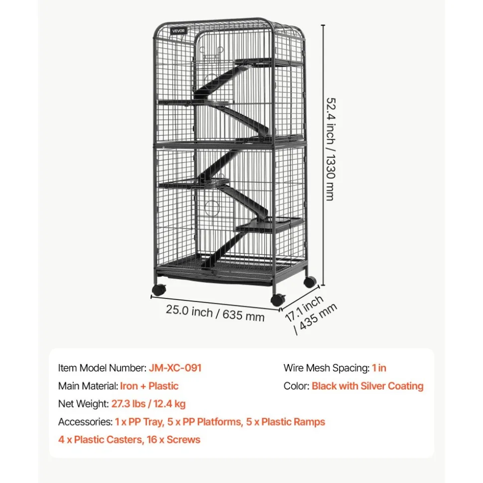 VEVOR Metal Small Animal Cage 50"H 5-Tier Rolling Ferret Cage On Wheels, 0.55" Wire Spacing Large Cages with Hammock, Ramps, Tray & Doors for Ferret, Chinchilla, Sugar Glider, Guinea Pig & Rabbit