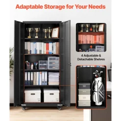 VEVOR Metal Storage Cabinet, 72.6 in Rolling Steel Garage Cabinet with 4 Adjustable Shelves, 2 Magnetic Doors & 2 Keys, 5 Tiers Lockable Tool Storage for Pantry, Warehouse, Basement, Office, Black