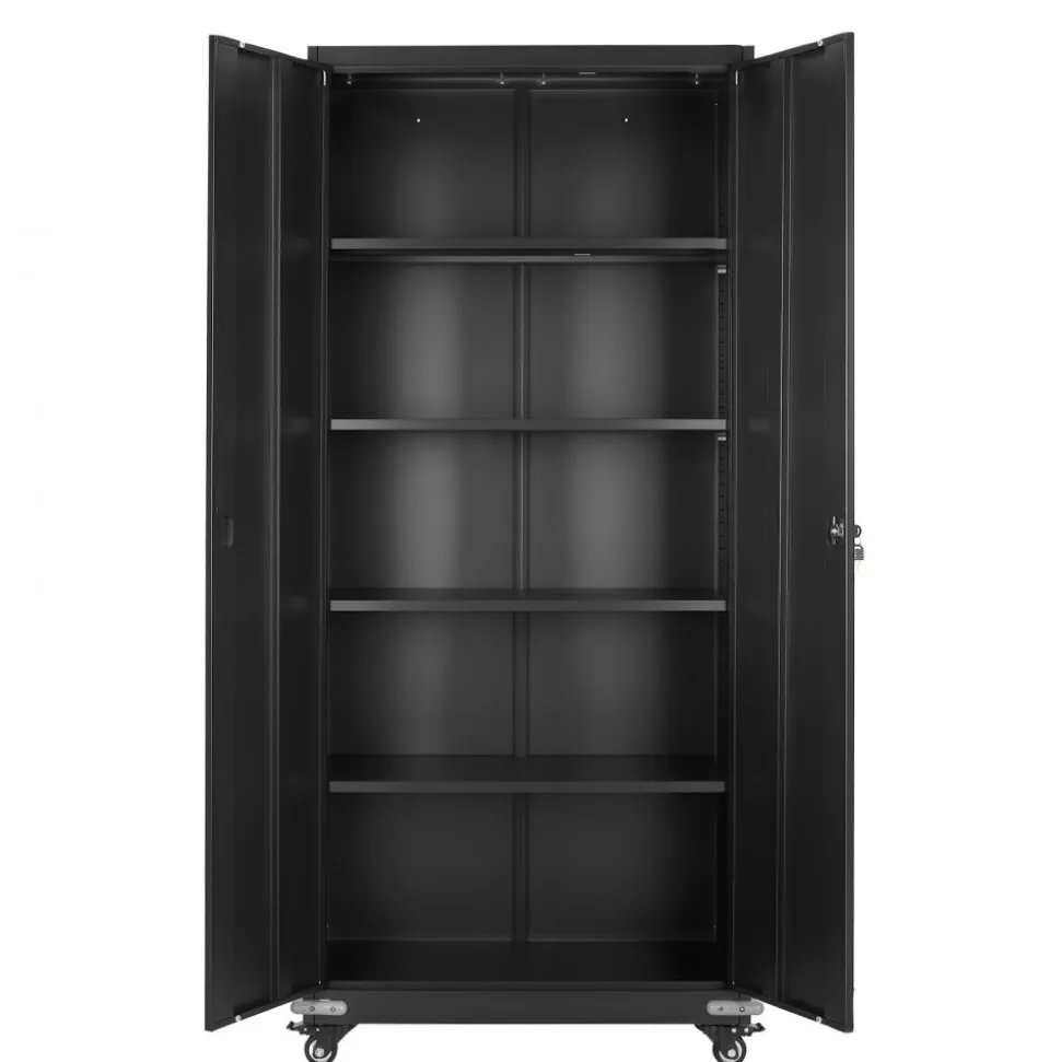 VEVOR Metal Storage Cabinet, 72.6 in Rolling Steel Garage Cabinet with 4 Adjustable Shelves, 2 Magnetic Doors & 2 Keys, 5 Tiers Lockable Tool Storage for Pantry, Warehouse, Basement, Office, Black