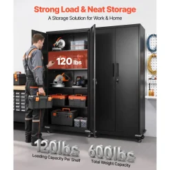VEVOR Metal Storage Cabinet, 72.6 in Rolling Steel Garage Cabinet with 4 Adjustable Shelves, 2 Magnetic Doors & 2 Keys, 5 Tiers Lockable Tool Storage for Pantry, Warehouse, Basement, Office, Black