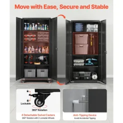 VEVOR Metal Storage Cabinet, 72.6 in Rolling Steel Garage Cabinet with 4 Adjustable Shelves, 2 Magnetic Doors & 2 Keys, 5 Tiers Lockable Tool Storage for Pantry, Warehouse, Basement, Office, Black