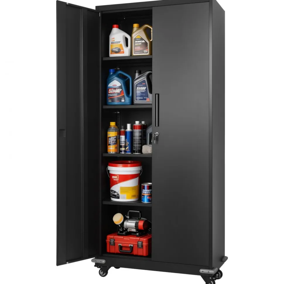 VEVOR Metal Storage Cabinet, 72.6 in Rolling Steel Garage Cabinet with 4 Adjustable Shelves, 2 Magnetic Doors & 2 Keys, 5 Tiers Lockable Tool Storage for Pantry, Warehouse, Basement, Office, Black