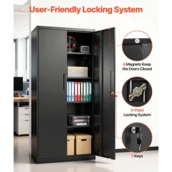 VEVOR Metal Storage Cabinet, 68.9 in Lockable Steel Garage Cabinet with 4 Adjustable Shelves, 2 Magnetic Doors, 2 Keys, 5 Tiers Tool Storage for Pantry, Warehouse, Basement, Laundry, Office, Black