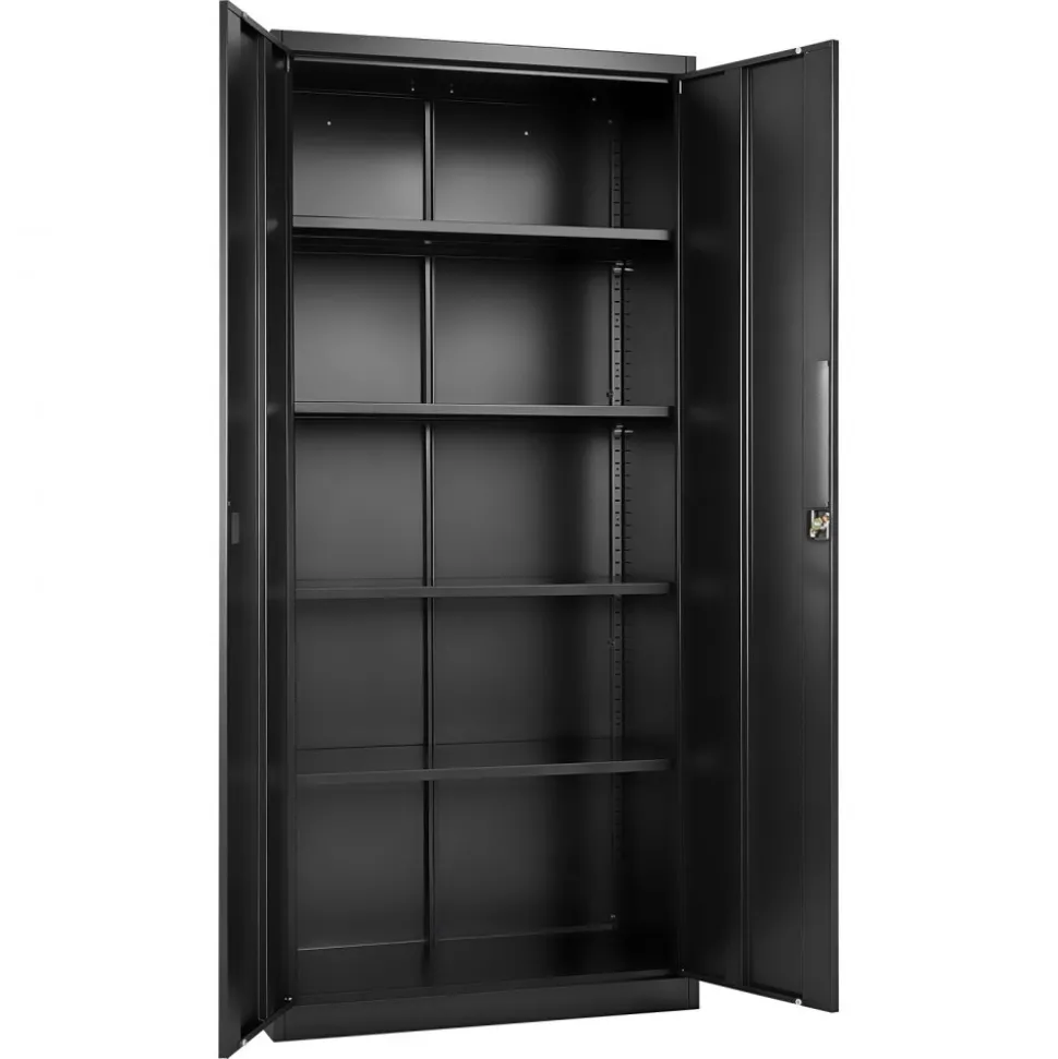 VEVOR Metal Storage Cabinet, 68.9 in Lockable Steel Garage Cabinet with 4 Adjustable Shelves, 2 Magnetic Doors, 2 Keys, 5 Tiers Tool Storage for Pantry, Warehouse, Basement, Laundry, Office, Black
