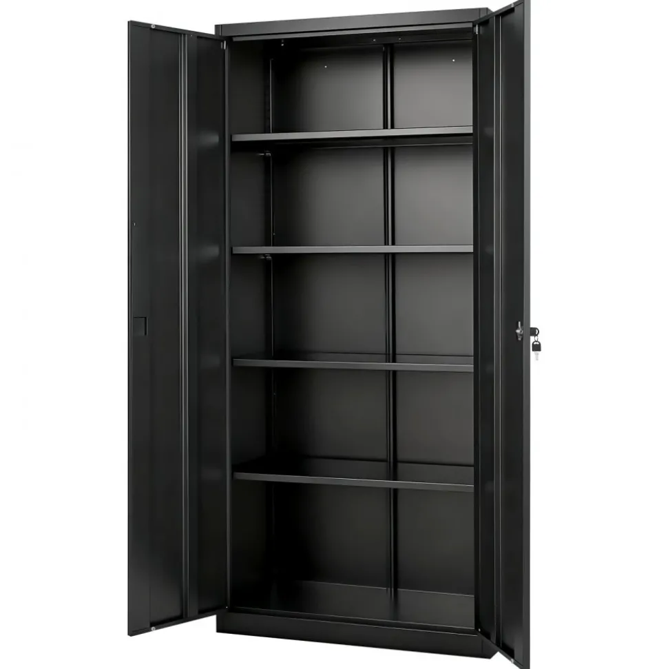 VEVOR Metal Storage Cabinet, 68.9 in Lockable Steel Garage Cabinet with 4 Adjustable Shelves, 2 Magnetic Doors, 2 Keys, 5 Tiers Tool Storage for Pantry, Warehouse, Basement, Laundry, Office, Black