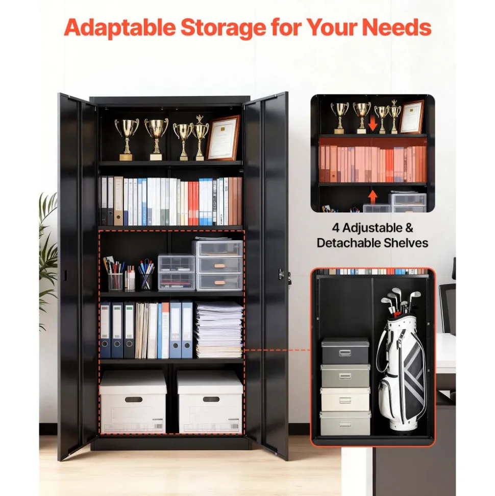 VEVOR Metal Storage Cabinet, 68.9 in Lockable Steel Garage Cabinet with 4 Adjustable Shelves, 2 Magnetic Doors, 2 Keys, 5 Tiers Tool Storage for Pantry, Warehouse, Basement, Laundry, Office, Black