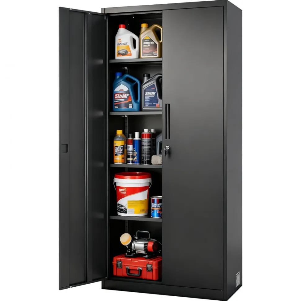 VEVOR Metal Storage Cabinet, 68.9 in Lockable Steel Garage Cabinet with 4 Adjustable Shelves, 2 Magnetic Doors, 2 Keys, 5 Tiers Tool Storage for Pantry, Warehouse, Basement, Laundry, Office, Black