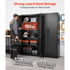VEVOR Metal Storage Cabinet, 68.9 in Lockable Steel Garage Cabinet with 4 Adjustable Shelves, 2 Magnetic Doors, 2 Keys, 5 Tiers Tool Storage for Pantry, Warehouse, Basement, Laundry, Office, Black
