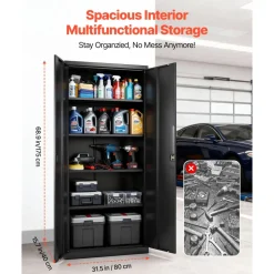 VEVOR Metal Storage Cabinet, 68.9 in Lockable Steel Garage Cabinet with 4 Adjustable Shelves, 2 Magnetic Doors, 2 Keys, 5 Tiers Tool Storage for Pantry, Warehouse, Basement, Laundry, Office, Black