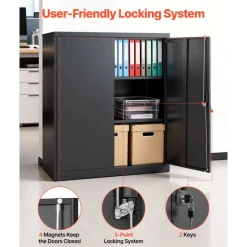 VEVOR Metal Storage Cabinet, 41.7 in Steel Garage Cabinet with 2 Adjustable Shelves, 2 Magnetic Doors & 2 Keys, 3 Tiers Lockable Tool Storage for Pantry, Warehouse, Basement, Office, Black
